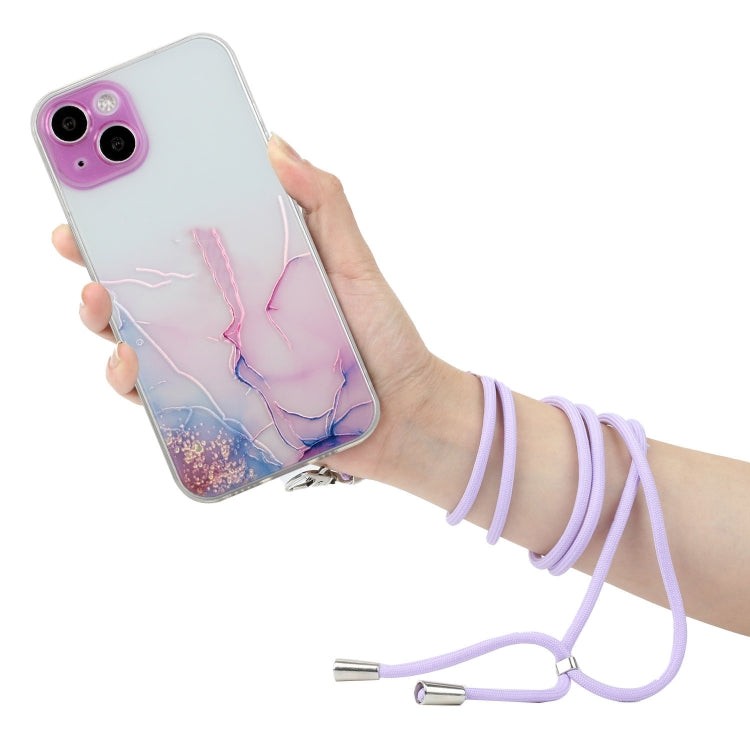 For iPhone 14 Plus Hollow Marble Pattern TPU Shockproof Protective Case with Neck Strap Rope