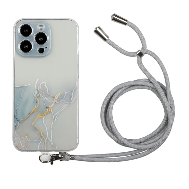 For iPhone 14 Pro Hollow Marble Pattern TPU Shockproof Protective Case with Neck Strap Rope