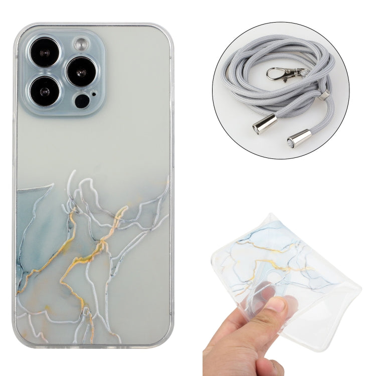 For iPhone 14 Pro Hollow Marble Pattern TPU Shockproof Protective Case with Neck Strap Rope