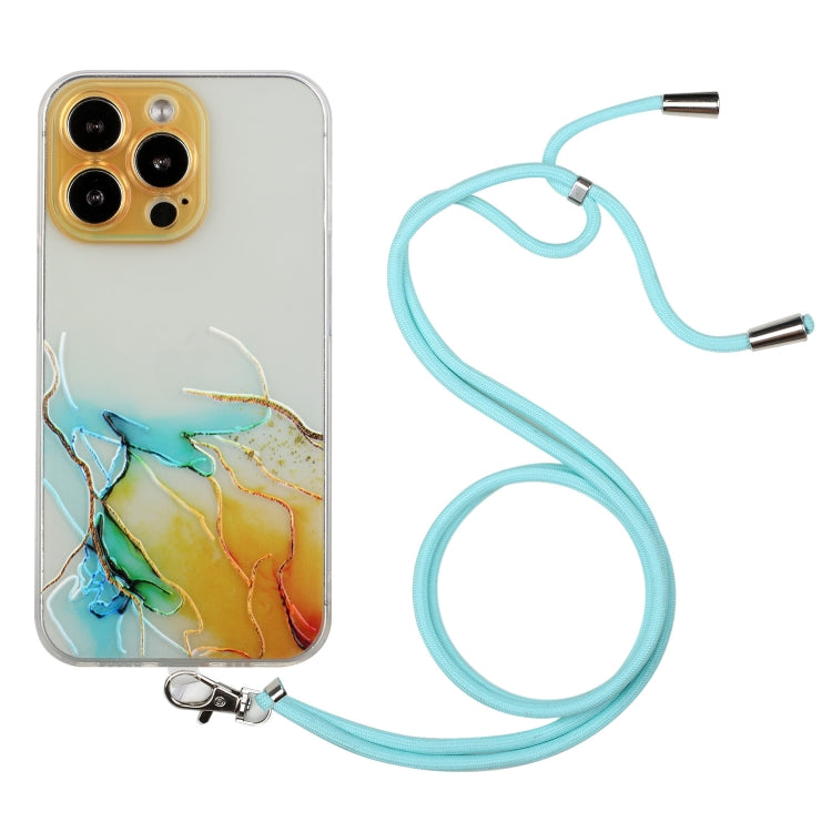 For iPhone 14 Pro Hollow Marble Pattern TPU Shockproof Protective Case with Neck Strap Rope