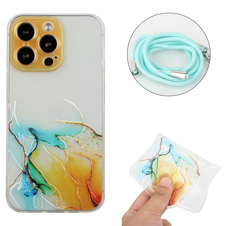 For iPhone 14 Pro Hollow Marble Pattern TPU Shockproof Protective Case with Neck Strap Rope