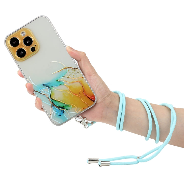 For iPhone 14 Pro Hollow Marble Pattern TPU Shockproof Protective Case with Neck Strap Rope