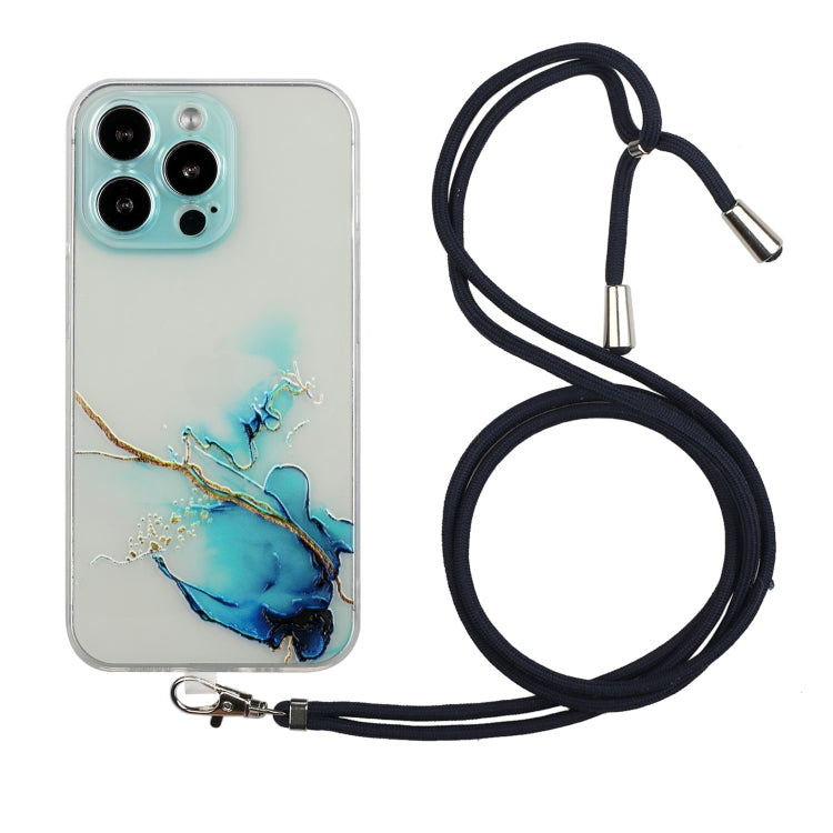 For iPhone 14 Pro Hollow Marble Pattern TPU Shockproof Protective Case with Neck Strap Rope