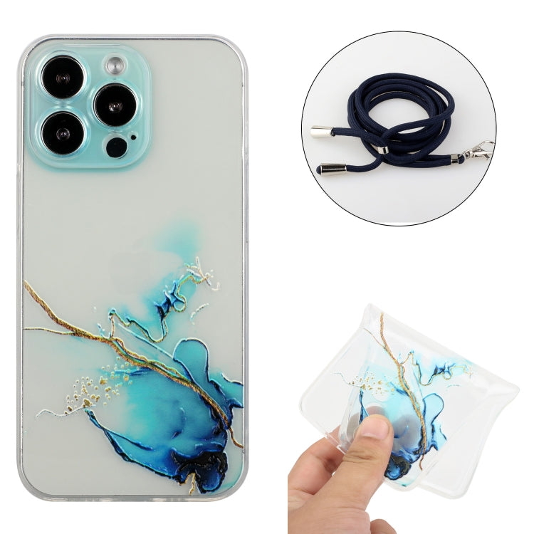 For iPhone 14 Pro Hollow Marble Pattern TPU Shockproof Protective Case with Neck Strap Rope