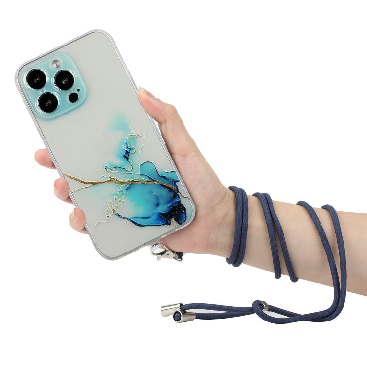 For iPhone 14 Pro Hollow Marble Pattern TPU Shockproof Protective Case with Neck Strap Rope