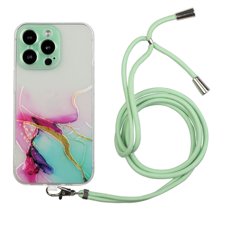 For iPhone 14 Pro Hollow Marble Pattern TPU Shockproof Protective Case with Neck Strap Rope