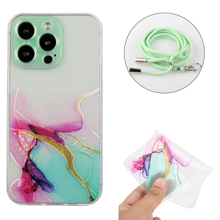 For iPhone 14 Pro Hollow Marble Pattern TPU Shockproof Protective Case with Neck Strap Rope