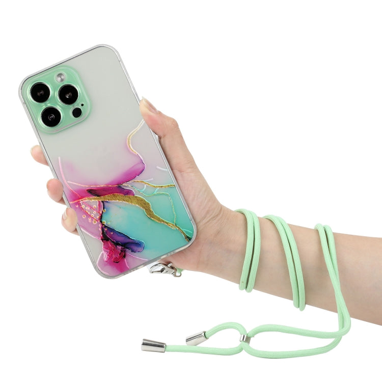 For iPhone 14 Pro Hollow Marble Pattern TPU Shockproof Protective Case with Neck Strap Rope