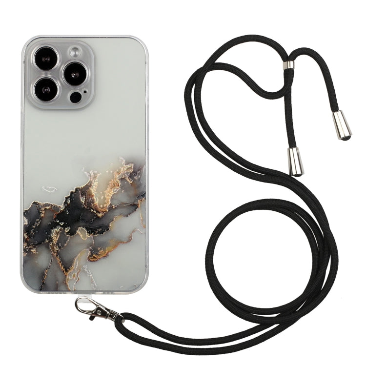For iPhone 14 Pro Hollow Marble Pattern TPU Shockproof Protective Case with Neck Strap Rope
