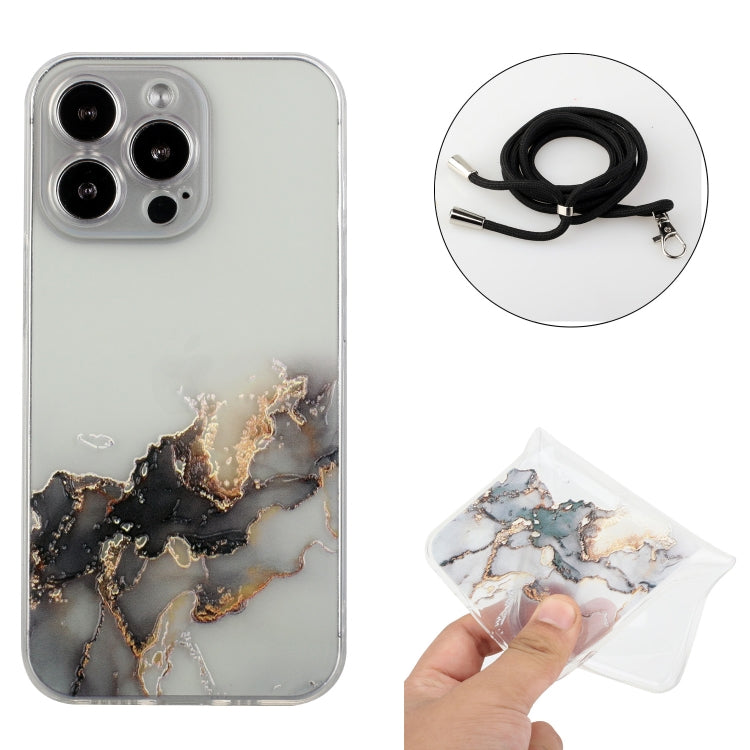 For iPhone 14 Pro Hollow Marble Pattern TPU Shockproof Protective Case with Neck Strap Rope