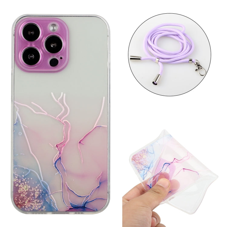 For iPhone 14 Pro Hollow Marble Pattern TPU Shockproof Protective Case with Neck Strap Rope