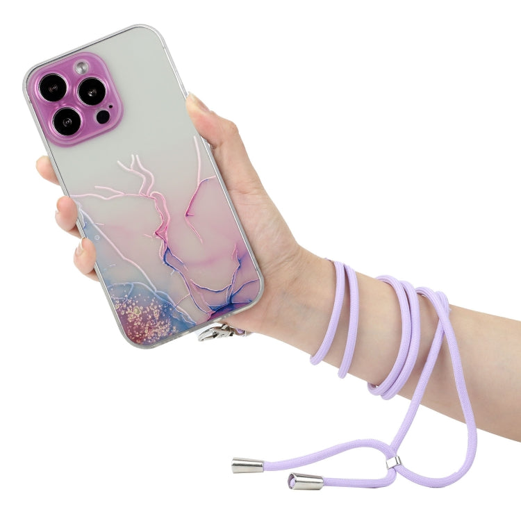 For iPhone 14 Pro Hollow Marble Pattern TPU Shockproof Protective Case with Neck Strap Rope