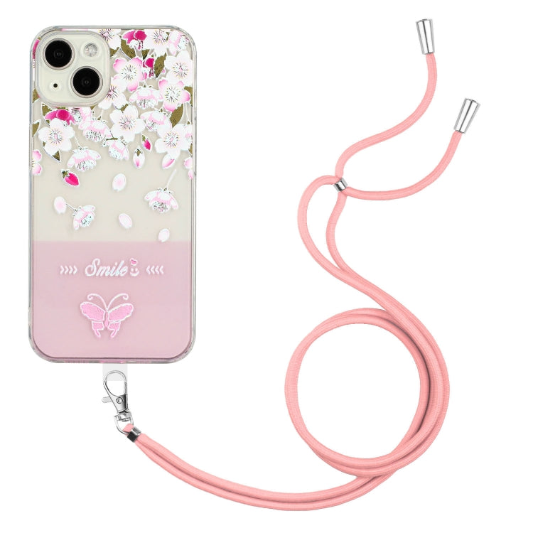 For iPhone 14 Bronzing Butterfly Flower TPU Phone Case with Lanyard