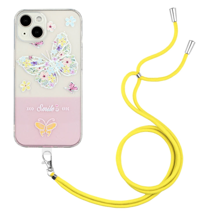 For iPhone 14 Bronzing Butterfly Flower TPU Phone Case with Lanyard