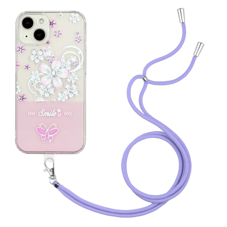 For iPhone 14 Bronzing Butterfly Flower TPU Phone Case with Lanyard