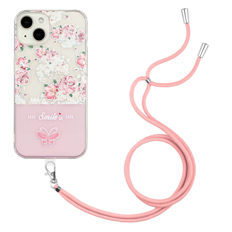 For iPhone 14 Plus Bronzing Butterfly Flower TPU Phone Case with Lanyard
