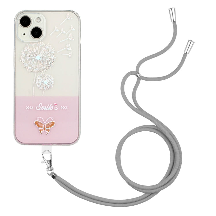 For iPhone 14 Plus Bronzing Butterfly Flower TPU Phone Case with Lanyard