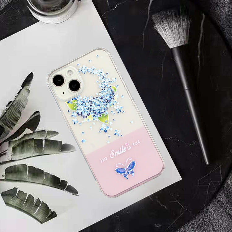For iPhone 14 Plus Bronzing Butterfly Flower TPU Phone Case with Lanyard