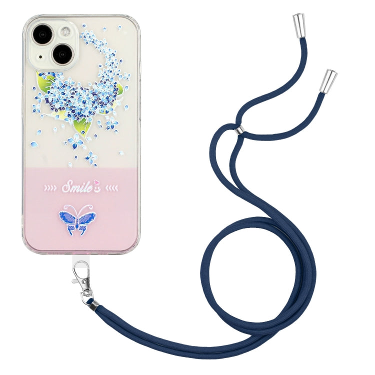 For iPhone 14 Plus Bronzing Butterfly Flower TPU Phone Case with Lanyard