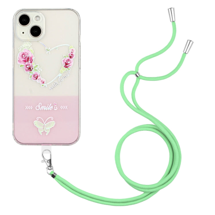 For iPhone 14 Plus Bronzing Butterfly Flower TPU Phone Case with Lanyard