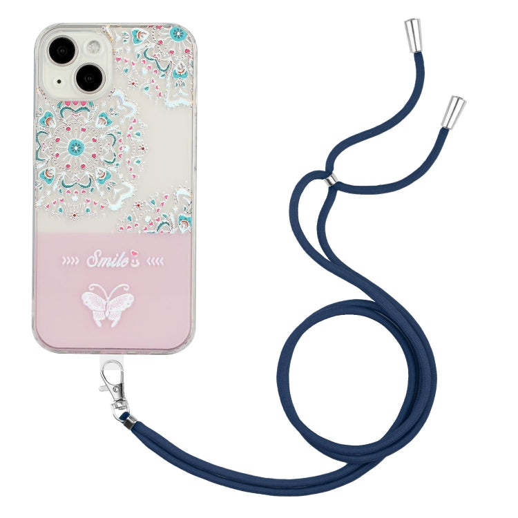 For iPhone 14 Plus Bronzing Butterfly Flower TPU Phone Case with Lanyard