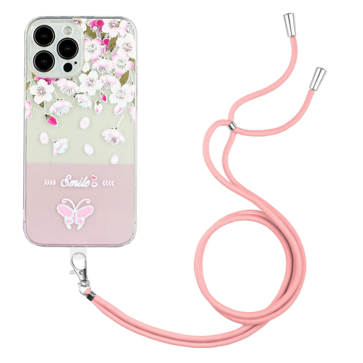 For iPhone 14 Pro Bronzing Butterfly Flower TPU Phone Case with Lanyard
