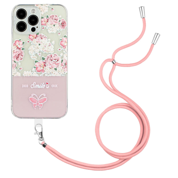 For iPhone 14 Pro Bronzing Butterfly Flower TPU Phone Case with Lanyard