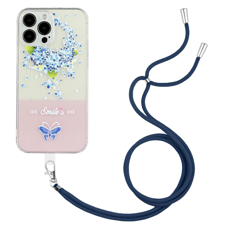 For iPhone 14 Pro Bronzing Butterfly Flower TPU Phone Case with Lanyard