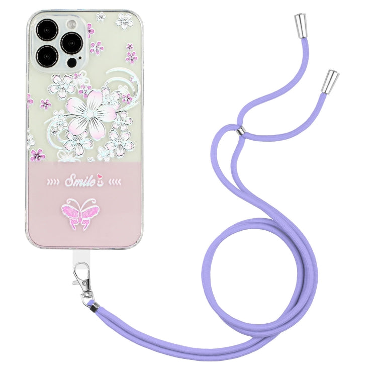 For iPhone 14 Pro Bronzing Butterfly Flower TPU Phone Case with Lanyard