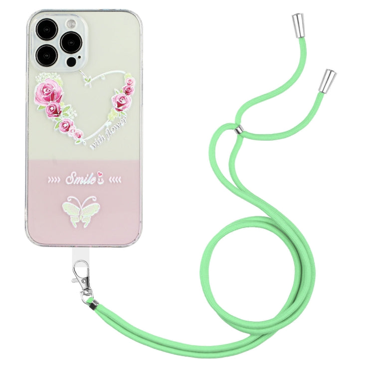 For iPhone 14 Pro Bronzing Butterfly Flower TPU Phone Case with Lanyard