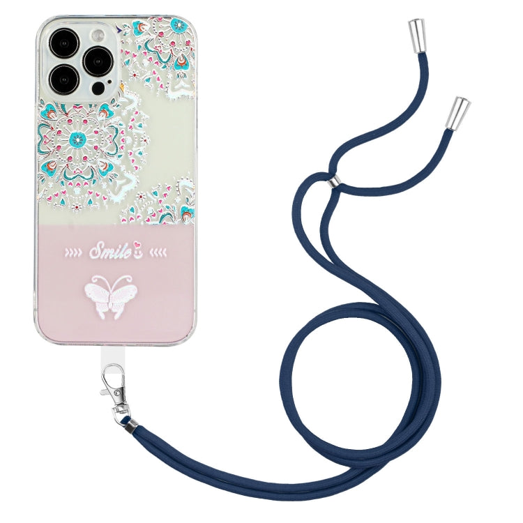 For iPhone 14 Pro Bronzing Butterfly Flower TPU Phone Case with Lanyard