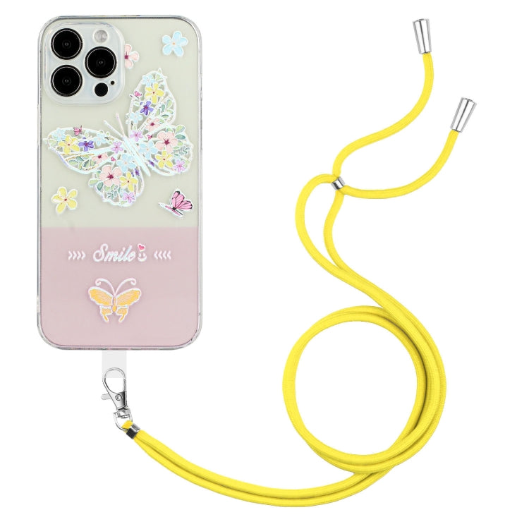 For iPhone 14 Pro Max Bronzing Butterfly Flower TPU Phone Case with Lanyard