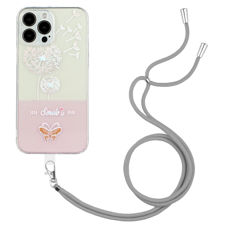 For iPhone 14 Pro Max Bronzing Butterfly Flower TPU Phone Case with Lanyard