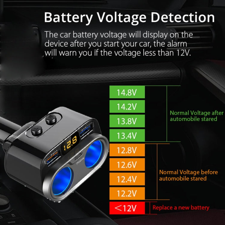 C47PQ Car Cigarette Lighter + Dual USB + Type-C Car Charger(Black)