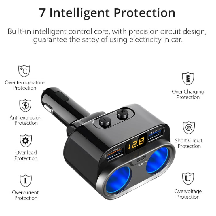 C47PQ Car Cigarette Lighter + Dual USB + Type-C Car Charger(Black)