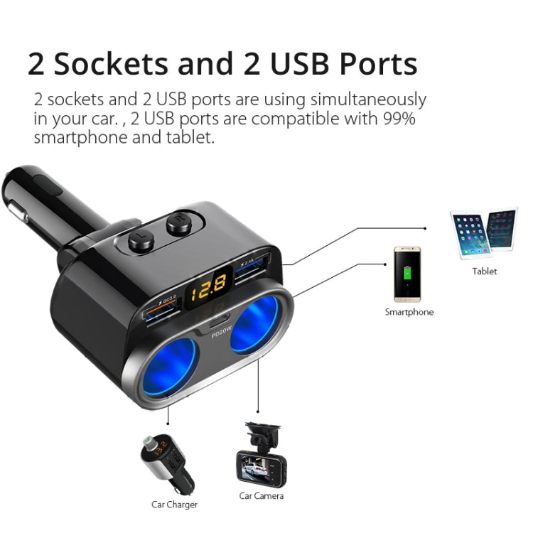 C47PQ Car Cigarette Lighter + Dual USB + Type-C Car Charger(Black)