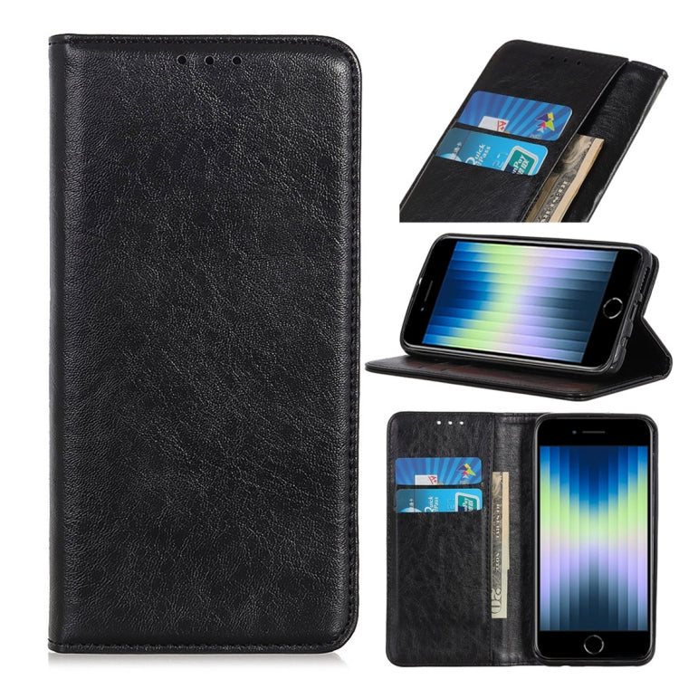 For iPhone SE 2022 / SE 2020 Magnetic Suction Crazy Horse Pattern PU Left and Right Open with Bracket and Card Slot and Wallet
