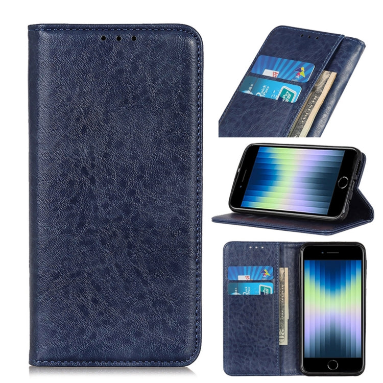 For iPhone SE 2022 / SE 2020 Magnetic Suction Crazy Horse Pattern PU Left and Right Open with Bracket and Card Slot and Wallet