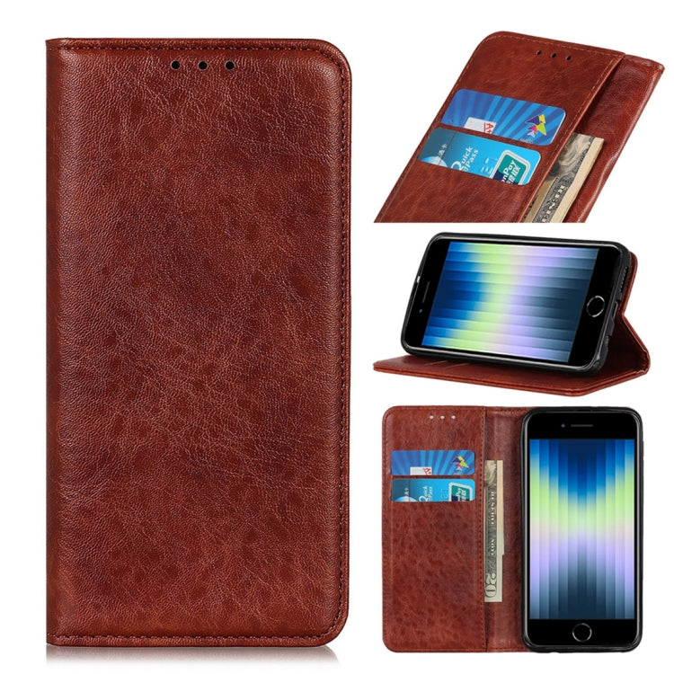 For iPhone SE 2022 / SE 2020 Magnetic Suction Crazy Horse Pattern PU Left and Right Open with Bracket and Card Slot and Wallet