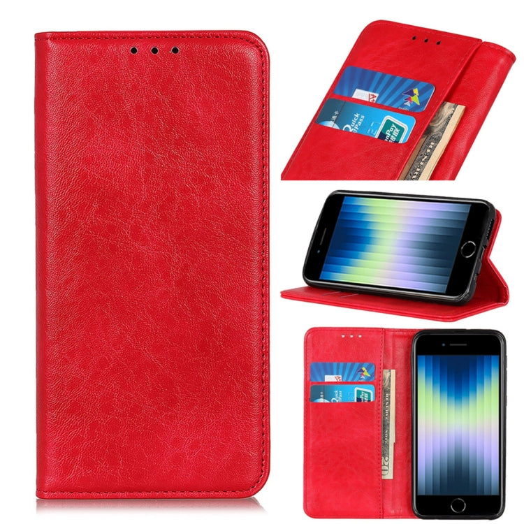 For iPhone SE 2022 / SE 2020 Magnetic Suction Crazy Horse Pattern PU Left and Right Open with Bracket and Card Slot and Wallet