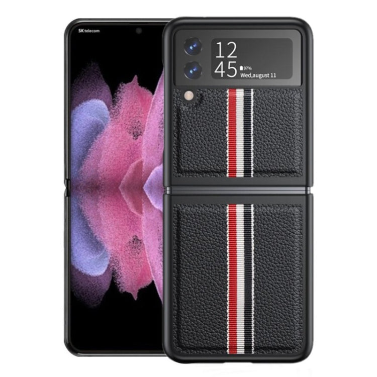 For Samsung Galaxy Z Flip4 Litchi Texture Genuine Leather Color Strip Phone Case