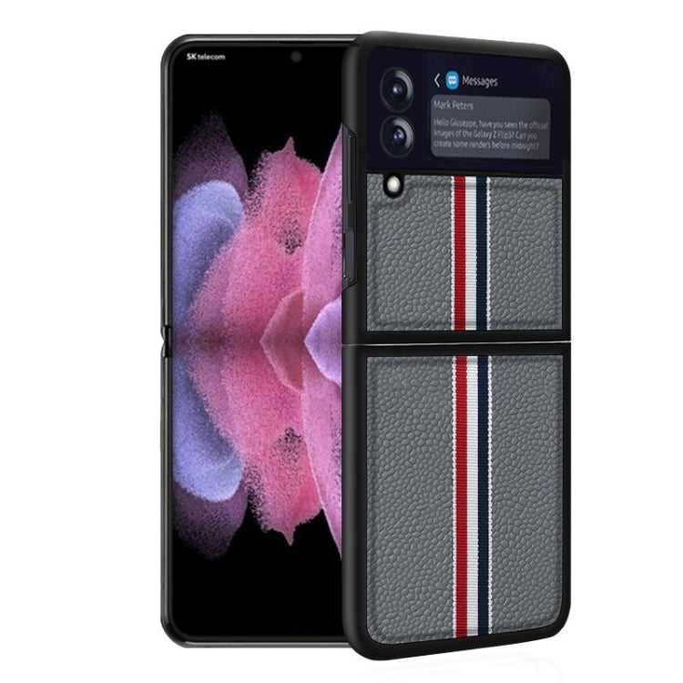 For Samsung Galaxy Z Flip4 Litchi Texture Genuine Leather Color Strip Phone Case