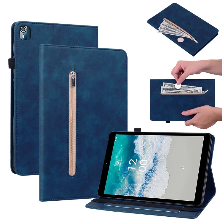 For Nokia T10 Skin Feel Solid Color Zipper Leather Tablet Case