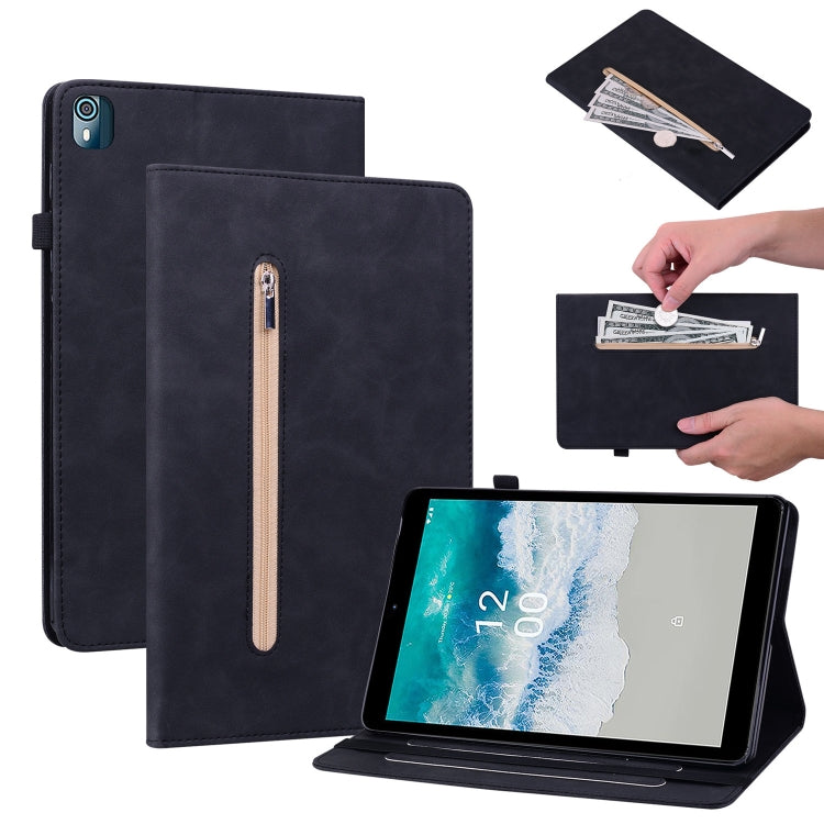 For Nokia T10 Skin Feel Solid Color Zipper Leather Tablet Case