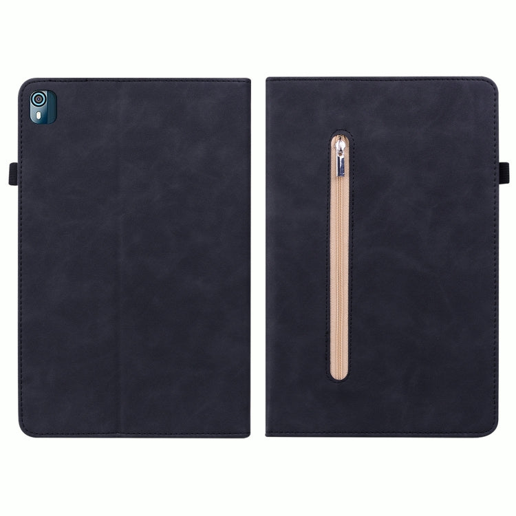 For Nokia T10 Skin Feel Solid Color Zipper Leather Tablet Case