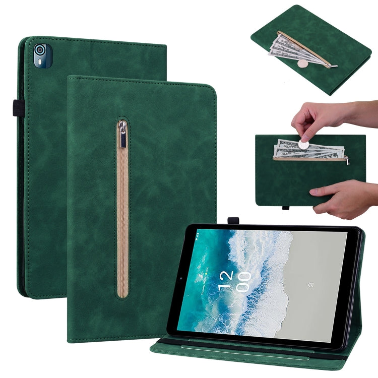 For Nokia T10 Skin Feel Solid Color Zipper Leather Tablet Case
