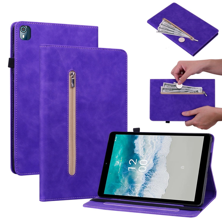 For Nokia T10 Skin Feel Solid Color Zipper Leather Tablet Case