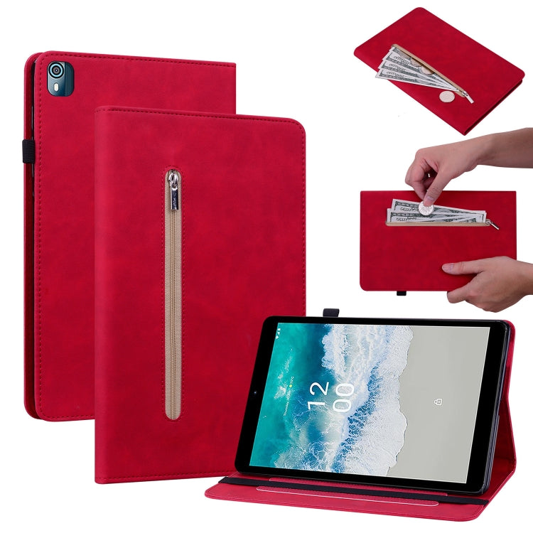 For Nokia T10 Skin Feel Solid Color Zipper Leather Tablet Case