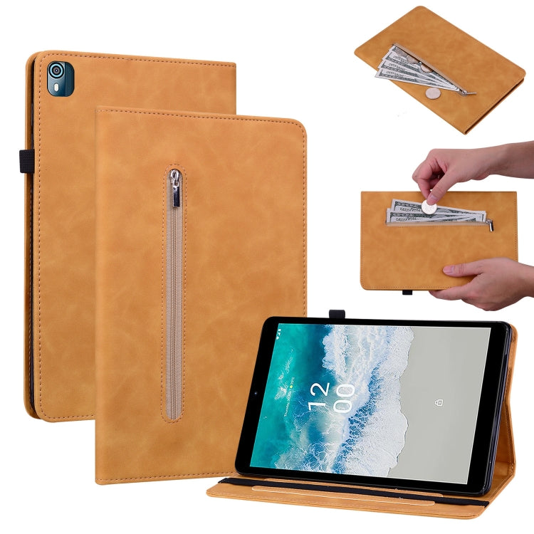 For Nokia T10 Skin Feel Solid Color Zipper Leather Tablet Case