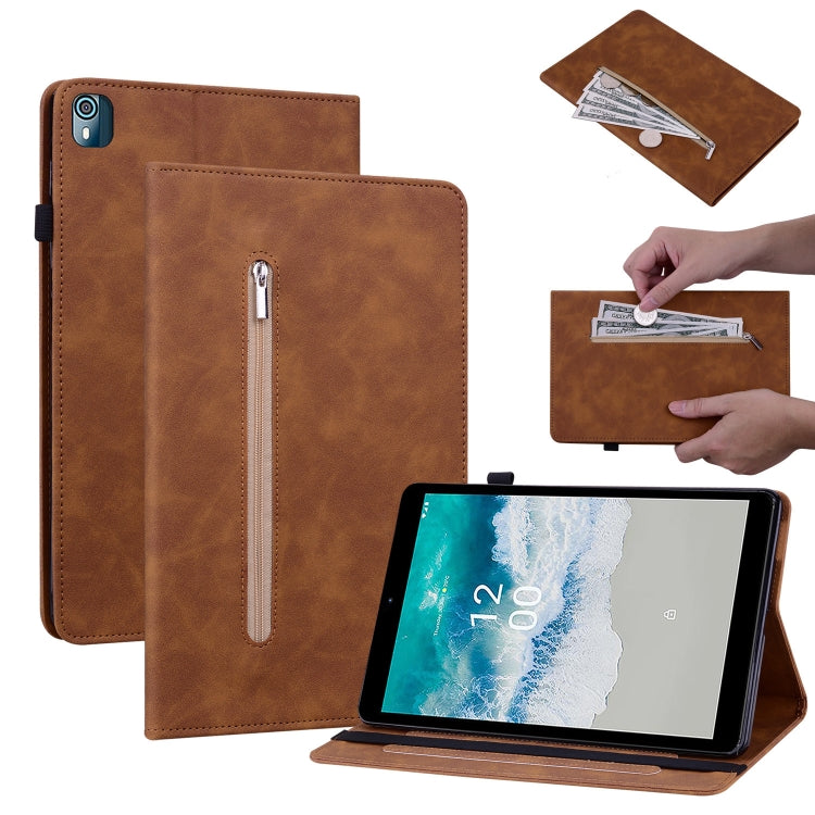 For Nokia T10 Skin Feel Solid Color Zipper Leather Tablet Case